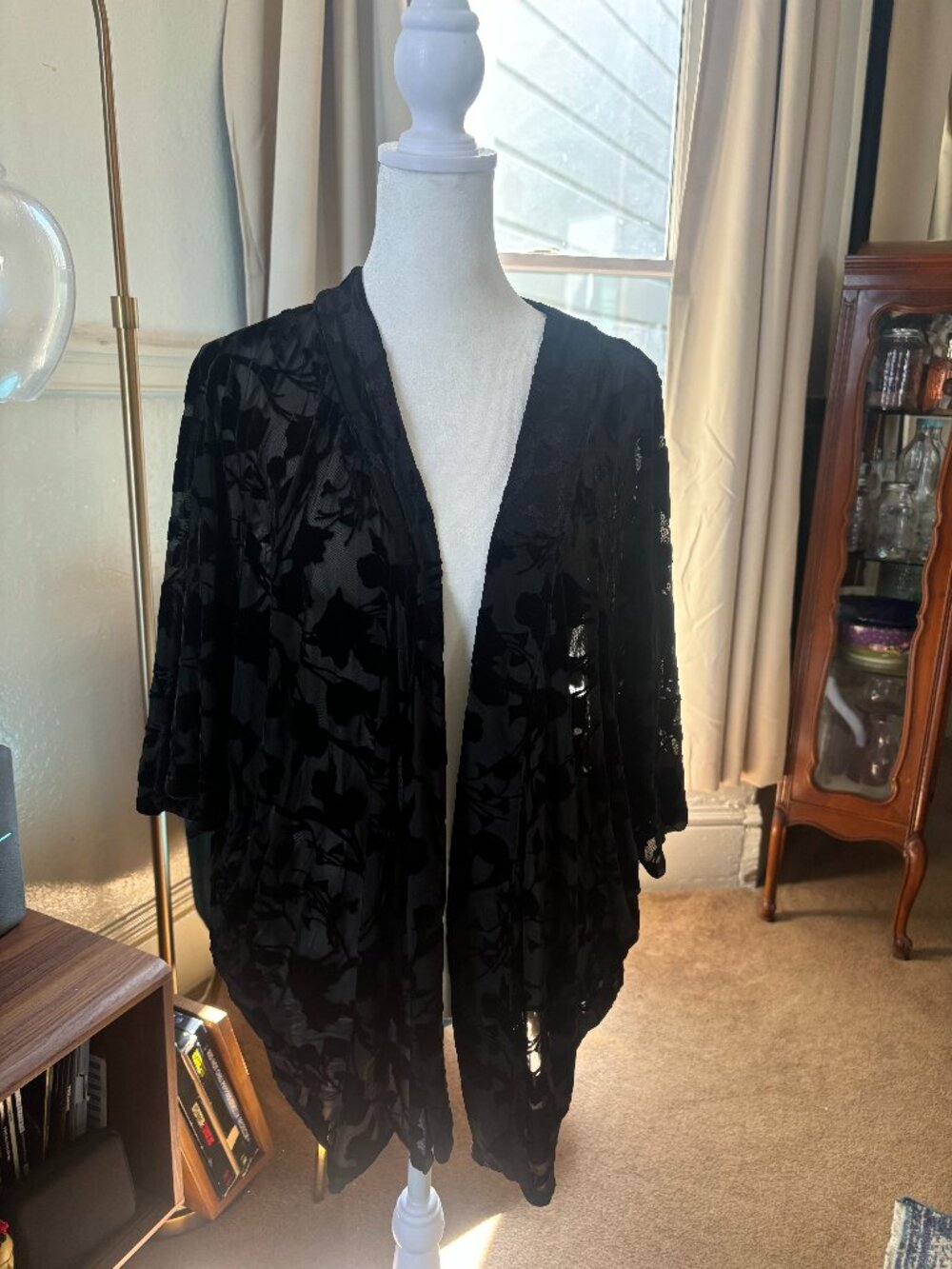 A New Day Black Floral Velvet Burnout Kimono One Size